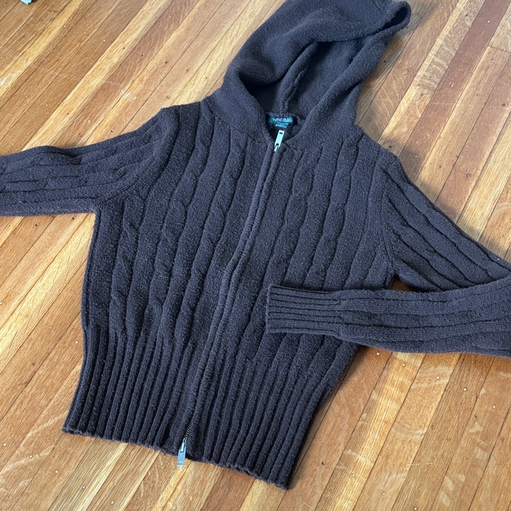 Tight fit Hooded Cable-Knit Zip Sweater - Dark Brown